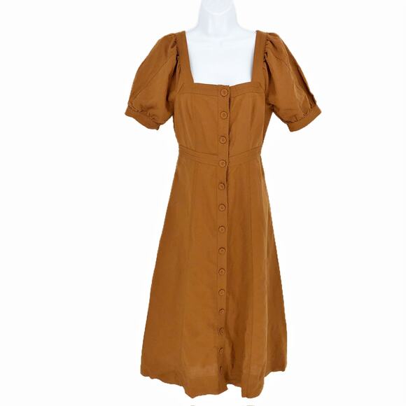Madewell Womens Midi Dress 00 Brown Seamed Puff-Sleeve Button Front NK416 NWT - Picture 4 of 14